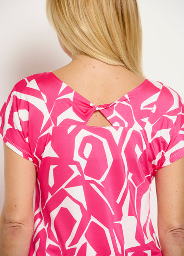 T-shirt droit court col V imprimé graphique Fuchsia/Blanc