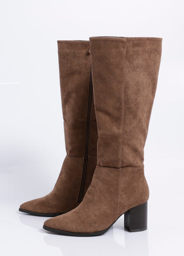 Bottes suédine pointues à talon Taupe