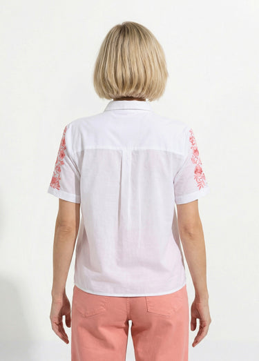 Chemisier long coton brodé manches courtes Blanc/Rose