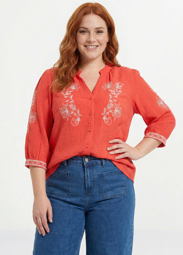 Blouse en gaze de coton avec broderies Corail