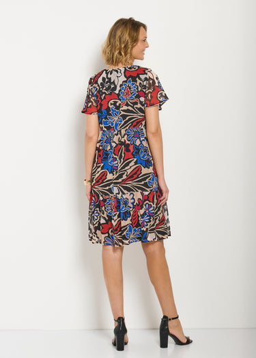 Robe courte évasée volantée voile imprimé Noir/Ecru