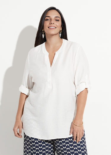 Blouse col V unie à manches longues Blanc