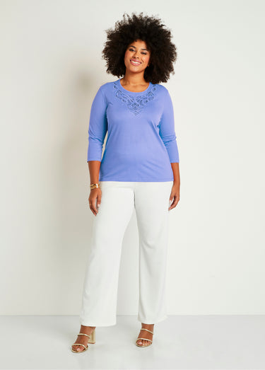 T-shirt court brodé manches 3/4 Bleu