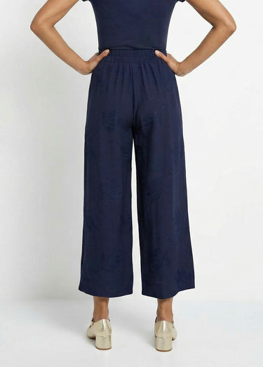 Pantalon large élastiqué brodé feuillage Marine