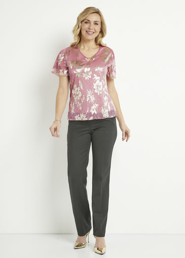 T-shirt court imprimé feuillage doré Rose