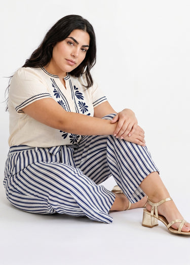Pantalon rayé ceinturé, fils métallisés Marine/Ecru
