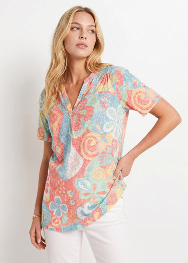T-shirt long ample fleuri manches courtes Multicolore
