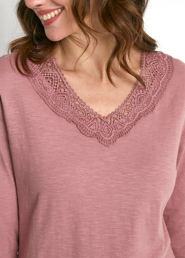 T-shirt manches 3/4 coton et macramé Rose
