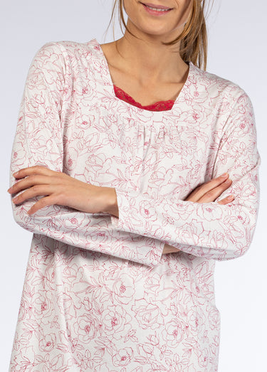 Chemise de nuit manches longues détail col Rose