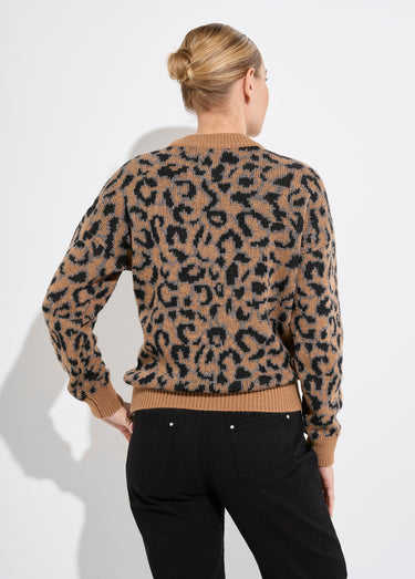 Pull motif léopard col montant manches longues Camel/Noir