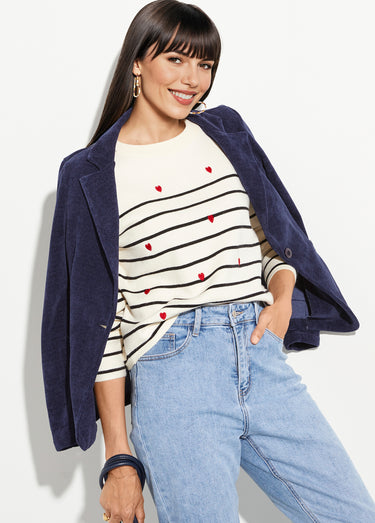 Pull marin épais rayures et coeur, col rond Ecru Raye Marine