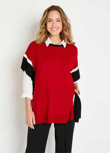 Pull poncho uni long col rond Rouge/Noir