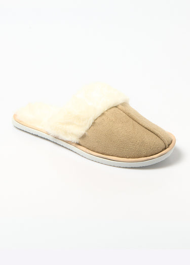 Chaussons fourrés bord fourrure et suédine Beige