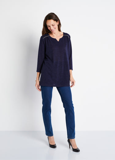 T-shirt long évasé manches 3/4 col rond Uni Marine