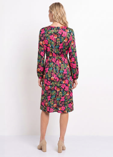 Robe cache-coeur courte évasée fleurie Noir/Fuchsia