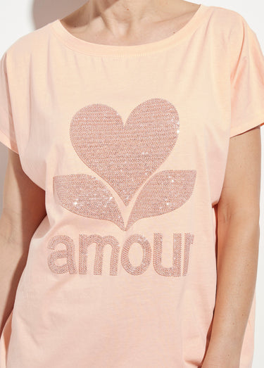 T-shirt col rond motif pailleté Amour Orange