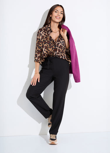 Pantalon droit lien à la taille 3/4 élastiquée Noir
