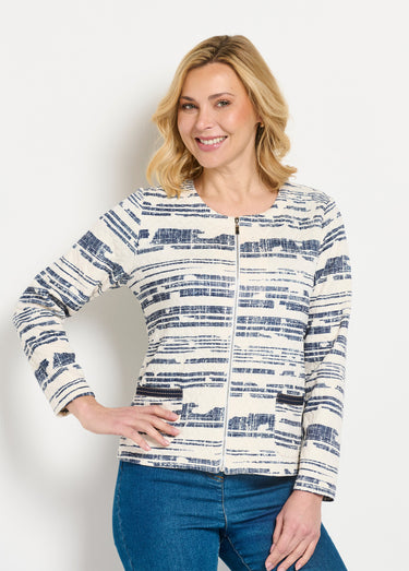 Veste courte sans col zippée irisée Ecru/Marine