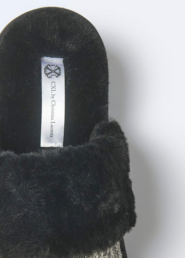 Chaussons mules bord fourrure motif logo Noir