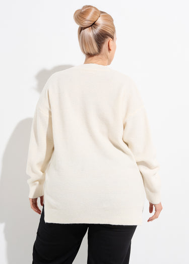 Pull tunique maille fantaisie, col V Ecru
