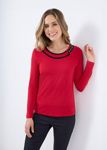 T-shirt fluide col rond avec strass Rouge