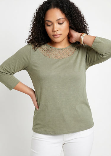 T-shirt coton et dentelle manches 3/4 Kaki
