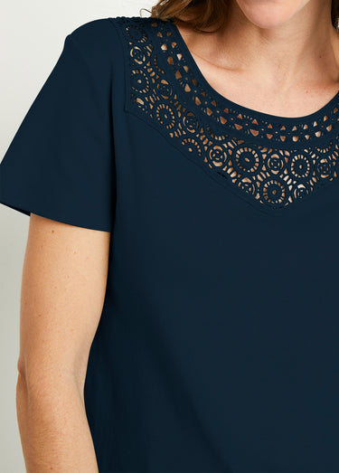 T-shirt macramé coton uni manches courtes Marine