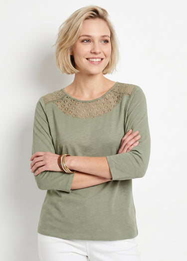 T-shirt coton et dentelle manches 3/4 Kaki