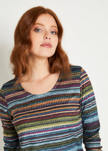 T-shirt chaud rayé col rond manches longues Bleu/Parme