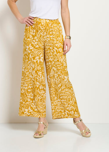Pantalon large taille élastiquée fleuri ou uni Jaune/Ecru