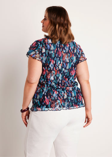 T-shirt court dentelle imprimée Marine/Fuchsia