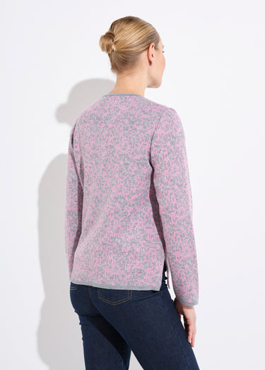 Gilet cardigan boutonné jacquard col rond Rose/Gris