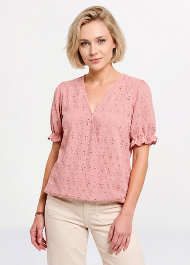 T-shirt cache-coeur blousant broderie Rose