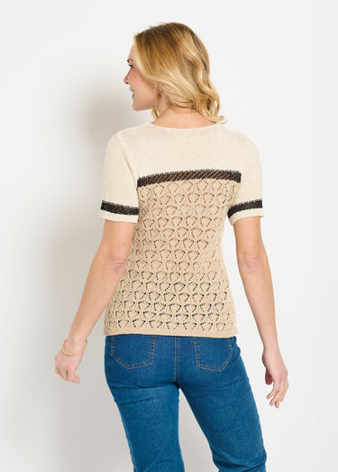 Pull doux brillant manches courtes col rond Beige/Noir