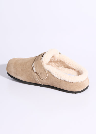 Sabots en cuir suédé, intérieur fourrure Taupe