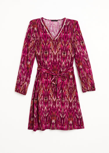 Robe courte imprimée col V manches longues Cassis/Beige