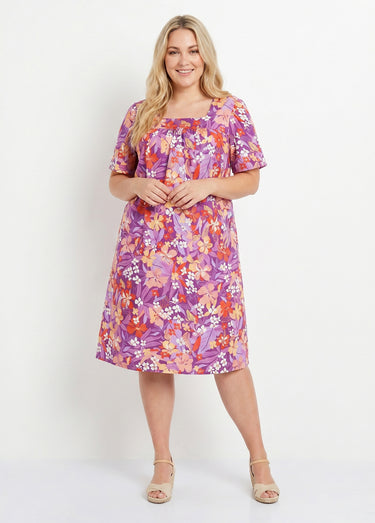 Robe-tablier courte manches courtes Violet/Orange