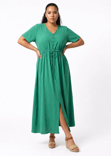 Robe longue à petits boutons et ceinture Vert Vif