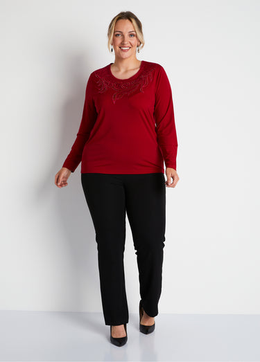 T-shirt court col rond résille brodé strass Rouge