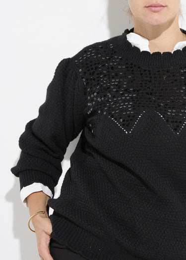 Pull col V maille fantaisie et sequins Noir