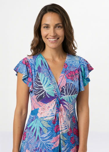 Robe courte évasée col V drapé Bleu/Fuchsia