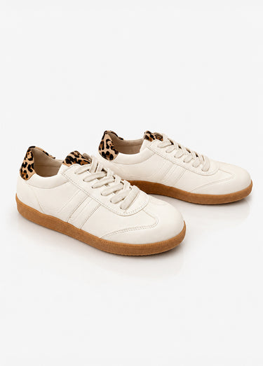 Baskets cuir à lacets, détails léopard Blanc