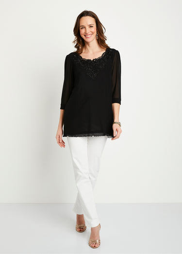 T-shirt long ample résille brodée Noir