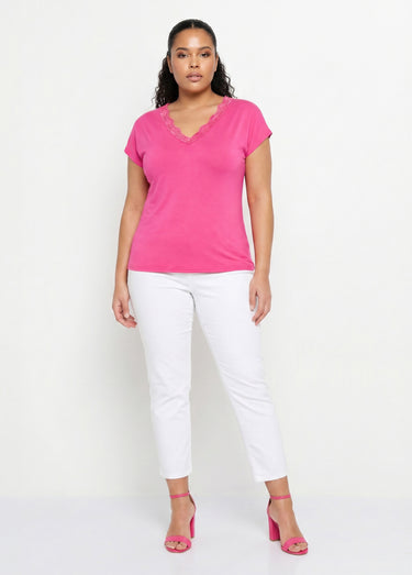 T-shirt court extensible dentelle Fuchsia