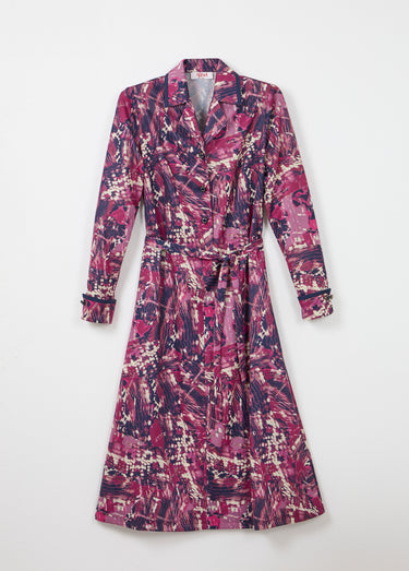 Robe boutonnée col tailleur mi longue imprimée Rose/Marine