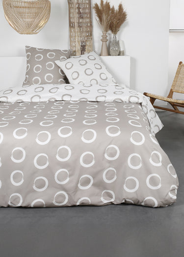 Parure flanelle 240 x 220cm, Cercles Beige/Blanc