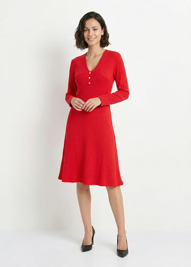 Robe unie courte col V en maille côtelée Rouge