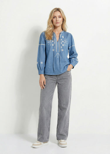 Blouse chambray broderies point de croix Bleu Stone