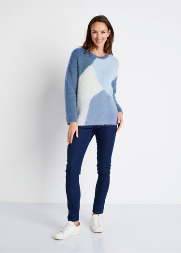 Pull doux colorblock maille poilue Bleu / Écru
