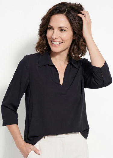 Chemisier fluide uni avec col tailleur Uni Noir